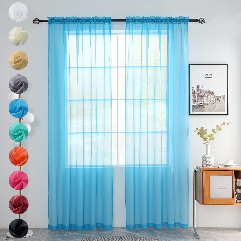 youleyar Solid Sheer Rod Pocket Curtain Voile Draperies 2 Panels White Beige Black Grey Coffee 52 Inch Width 72 Inch Long 1 Pair for Kitchen Bedroom Children Living Room Yard (Cyan Blue,52Wx72L) - Image 1